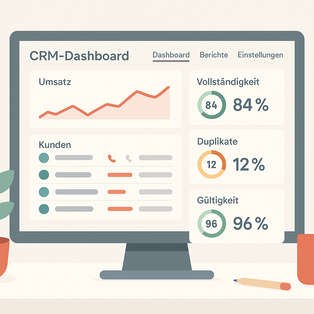 Illustration eines CRM-Dashboards mit Markierungen für Datenqualität, Duplikate und Vollständigkeit in 3:2.